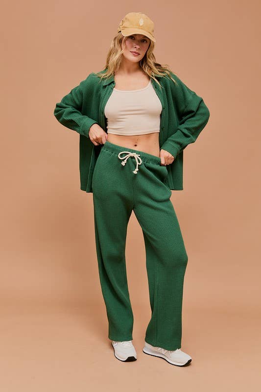 Waffle Wide Leg Pants- Green