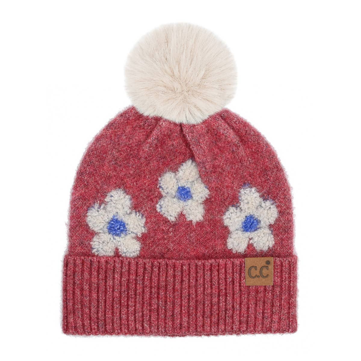 Daisy Contrast Faux Fur Pom C.C Beanie Hat - Heather Red