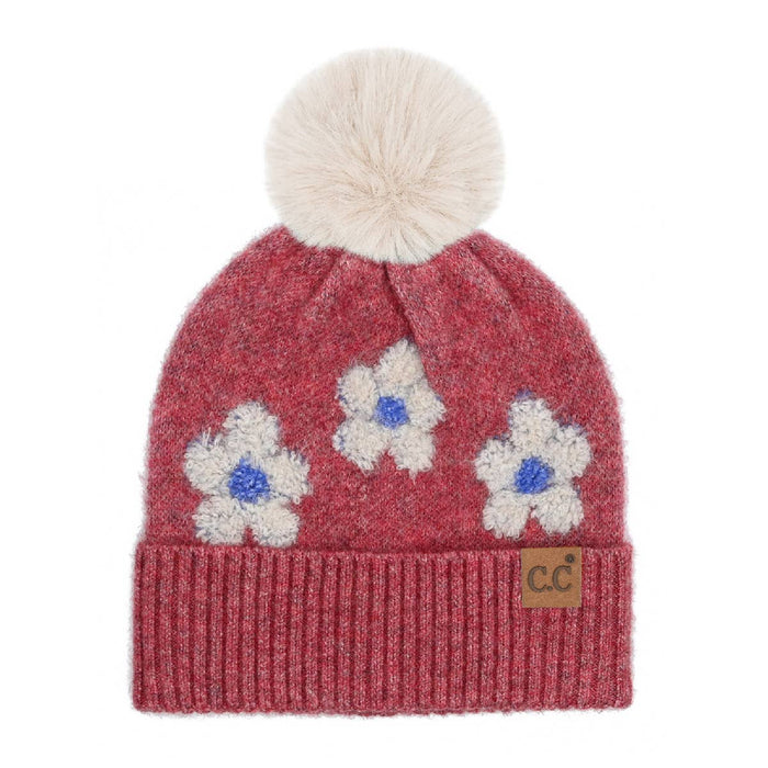 Daisy Contrast Faux Fur Pom C.C Beanie Hat - Heather Red