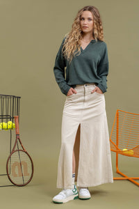 Front Slit Corduroy Maxi Skirt