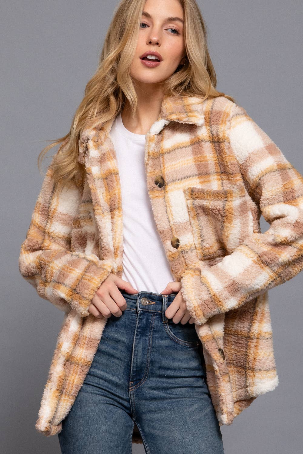 Long Sleeve Button Down Oversize Printed Faux Fur Jacket