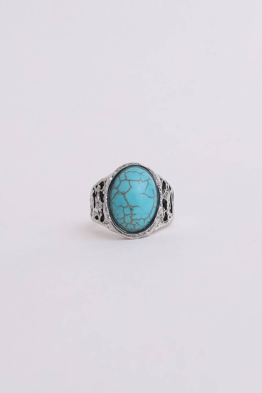 front view of turquoise and silver oval ring