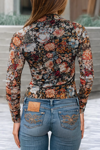 Floral Long Sleeve High Neck Sheath Mesh Blouse