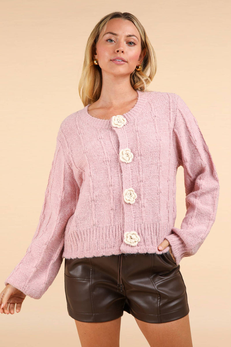 Floral Button Crop Length Knit Sweater Cardigan