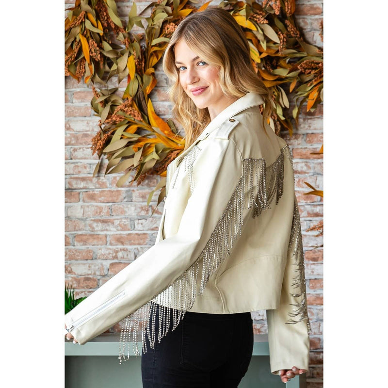 Rhinestone Fringe Faux Leather Moto Jacket