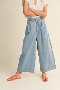 Chic Wide Leg Washed Denim Crop Mid-Rise Pants - Front View