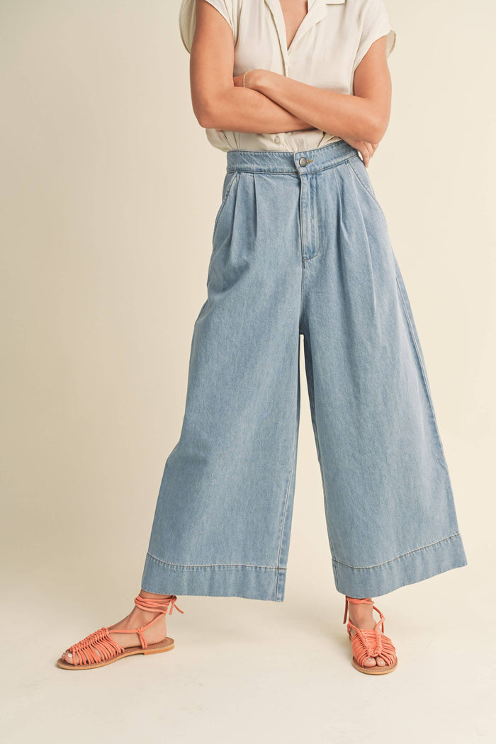 Chic Wide Leg Washed Denim Crop Mid-Rise Pants - Front View