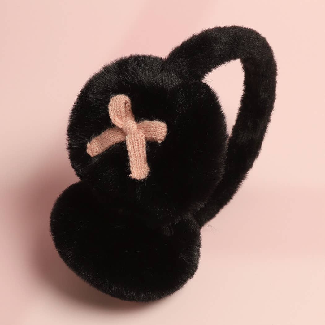 Bow Detailed Faux Fur Luxury Soft Earmuffs- Black