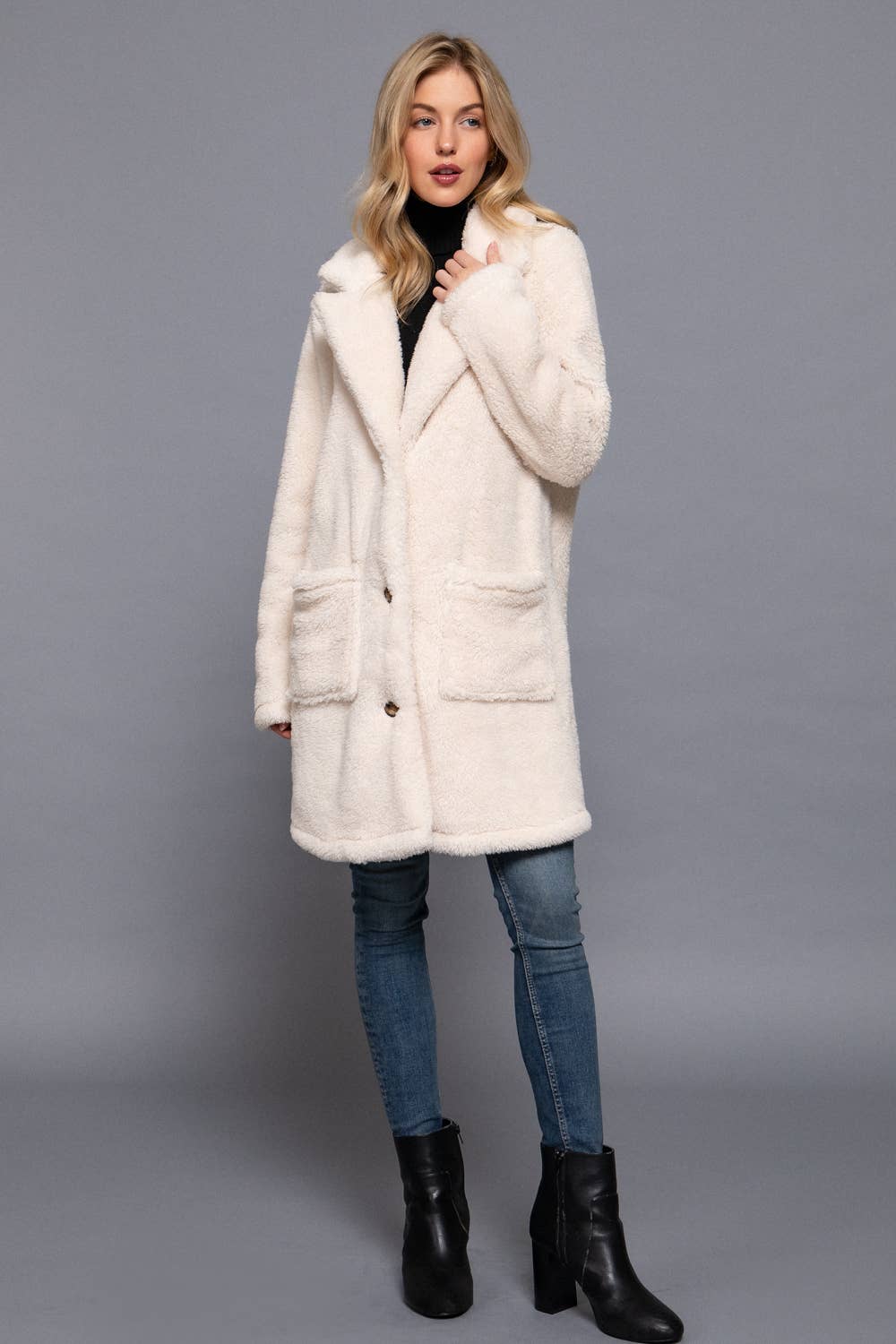 Long Sleeve Notched Collar Patch Pocket Sherpa Coat