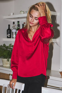 Plus Satin Long Sleeve Collared Blouse