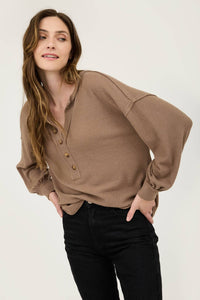 V-Neck Half Button Long Sleeved  Exposed Seam Top