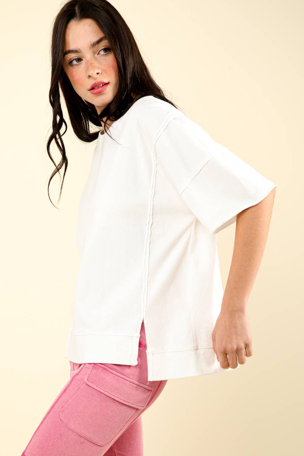 White Round Neck Oversized Washed Casual Knit Top