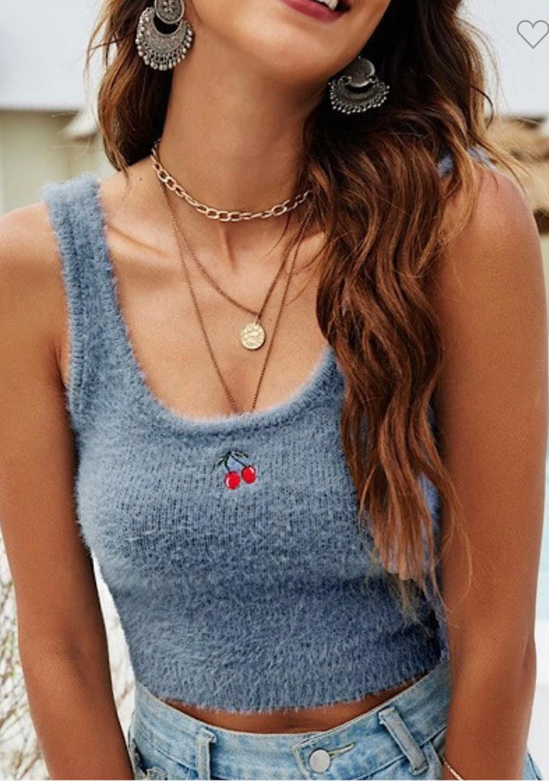 Sky Blue Cherry Sweater Cropped Tank