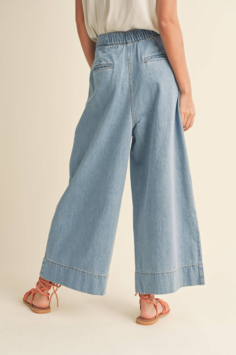 Women's Washed Denim Wide Leg Crop Pants - Back View