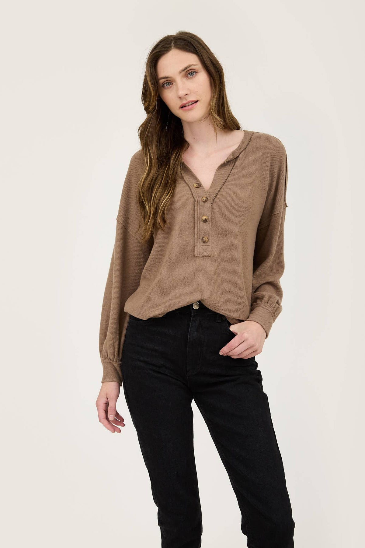 V-Neck Half Button Long Sleeved  Exposed Seam Top