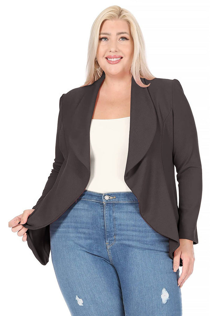 Women's Plus Size Long Sleeve Open Front Blazer- Charcoal Gray