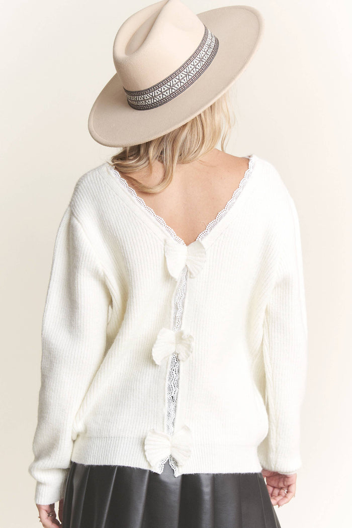 White Bow Back Accent V-Neck Sweater Top