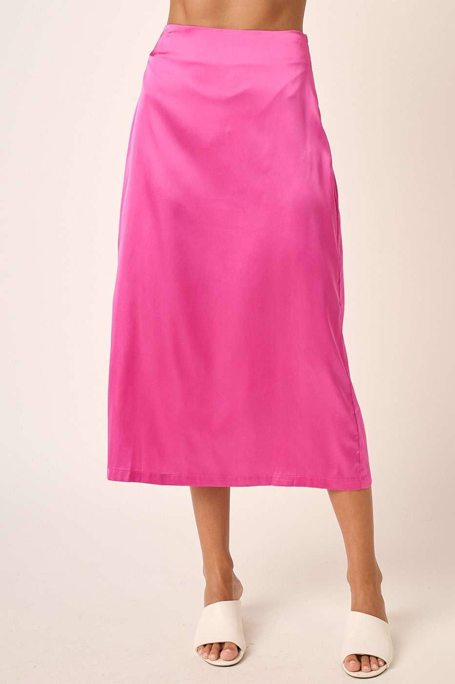 Pink Stretch Satin Side Slit Midi Skirt