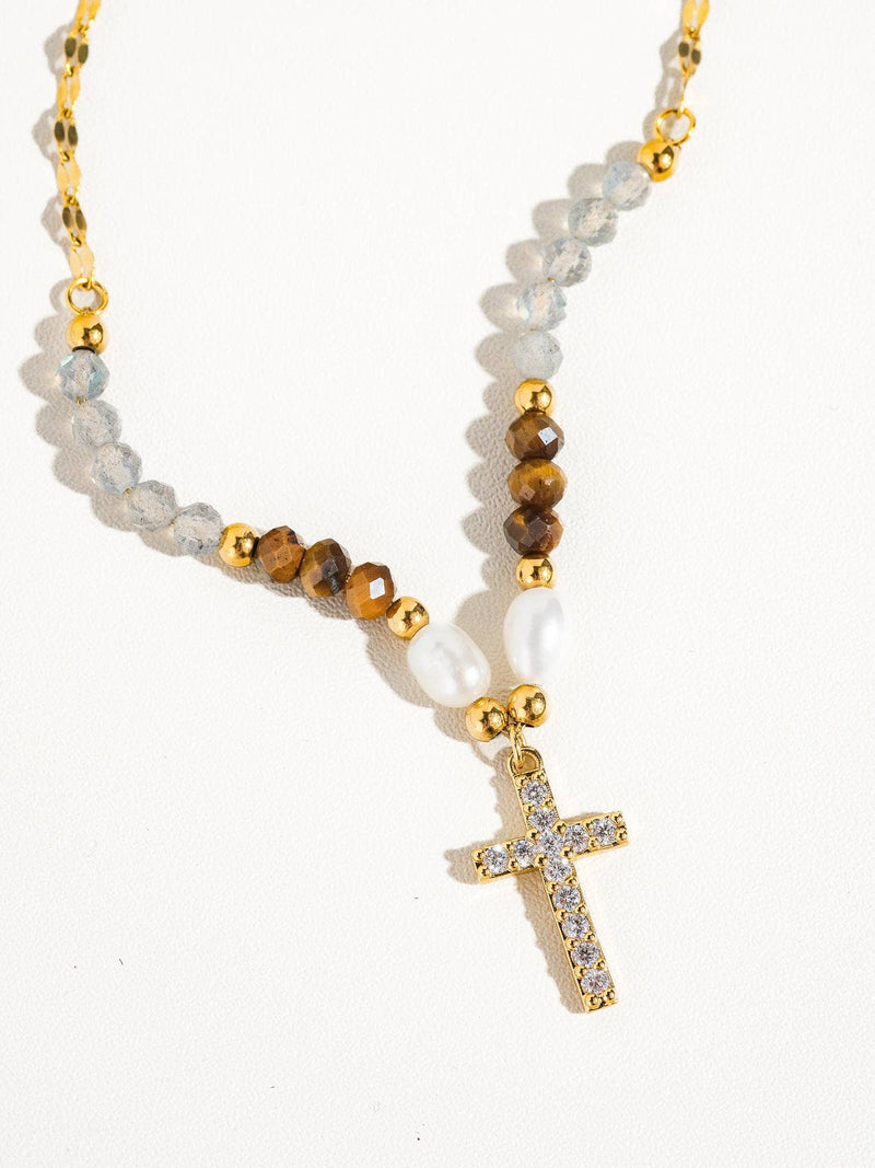 Lumiere 18K Gold Cross Necklace with Beads and Pearls