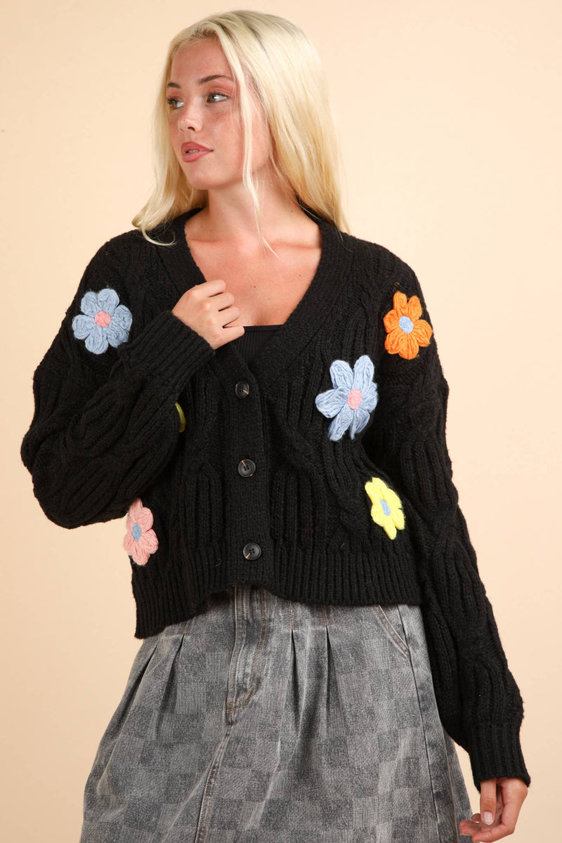 Hand-Made Flower Applique Knit Sweater Cardigan