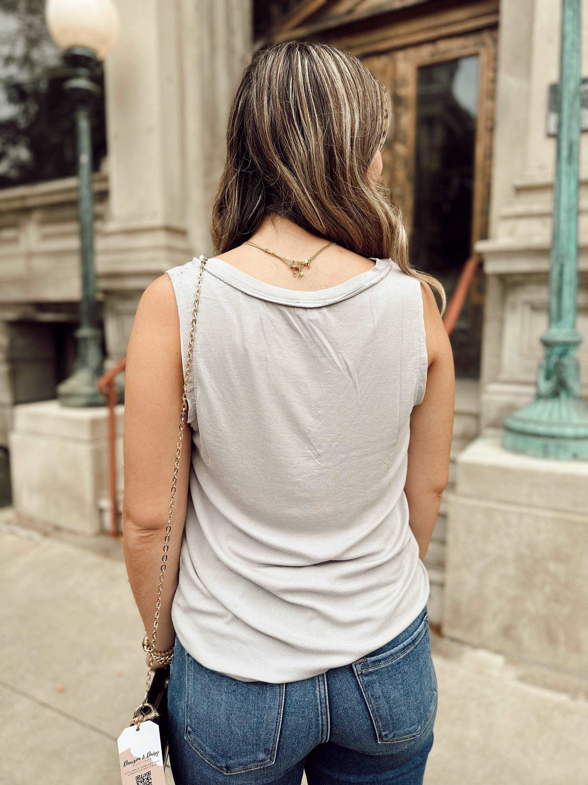 Dove Grey Button V-Neck Tank Top