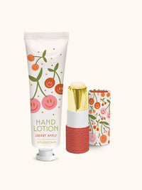 Cherry Smiles Lip Balm & Hand Lotion Set with cute cherry design – compact beauty set