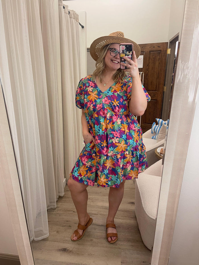 Paris Blue Bubble Sleeve Tropical Dress - Plus Size