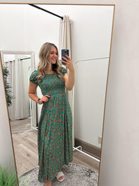 Jungle Green Puff Sleeve Floral Dress