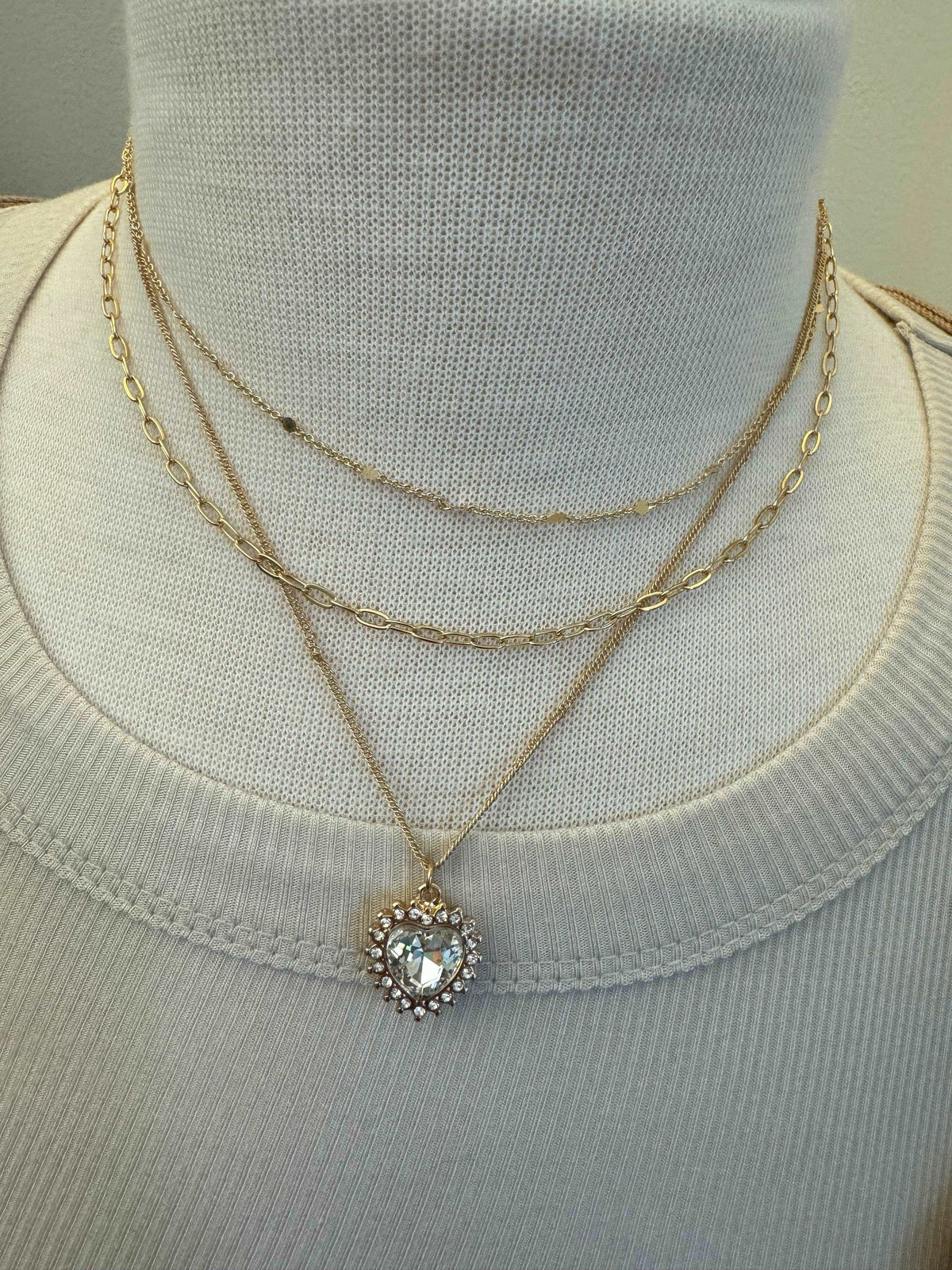 Layered Gold Necklace with Rhinestone Heart