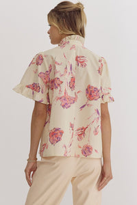 Cream Top with Floral Print Short Sleeves