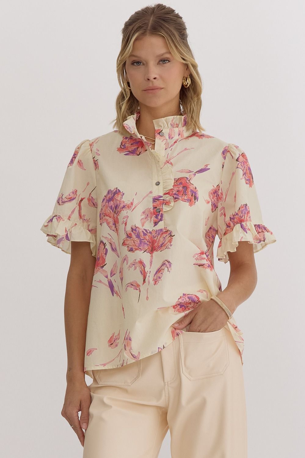 Cream Top with Floral Print Short Sleeves