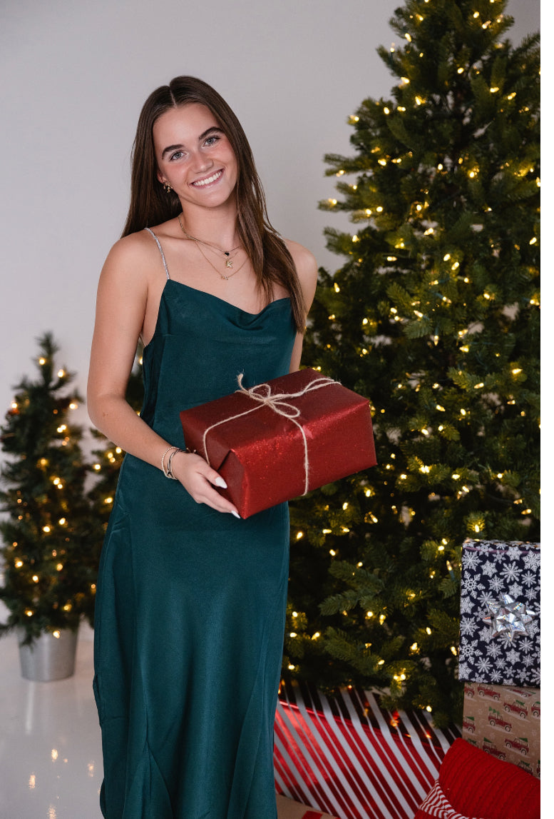 Emerald Washed Satin Cami Holiday Dress