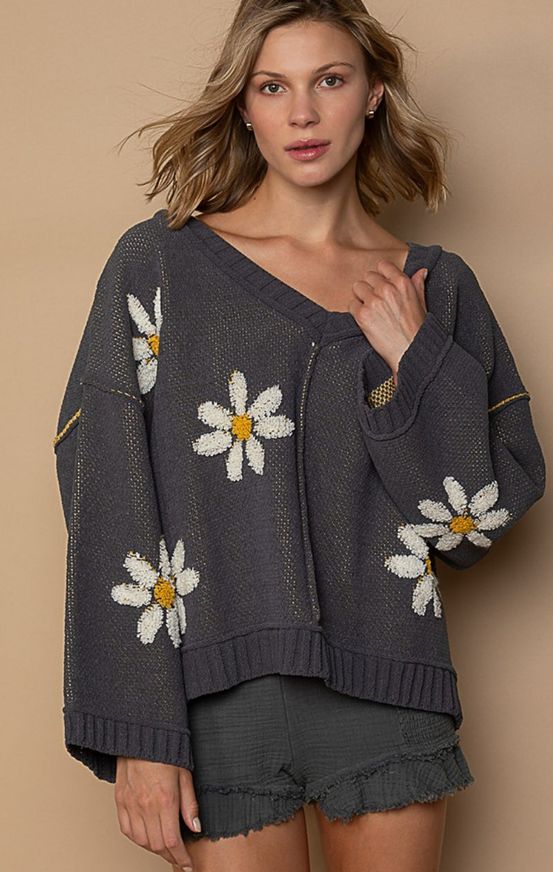 Charcoal Berber Flower Print Sweater