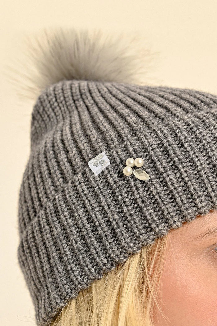 Sequin Ribbed Pompom Hat