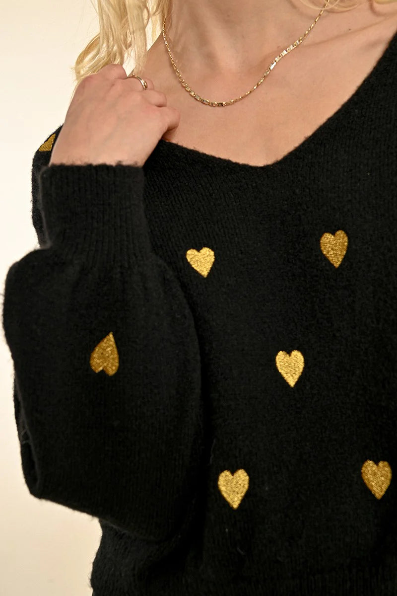 Heart Patterned V-Neck Sweater