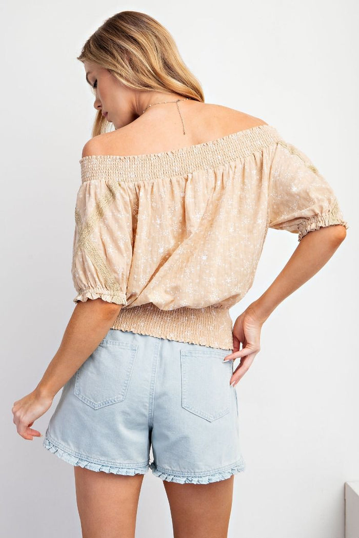 Keyhole Off Shoulder Smocked Waist Khaki Floral Blouse