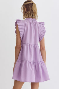 Lavender High Neck Pleated Sleeve MIni Dress