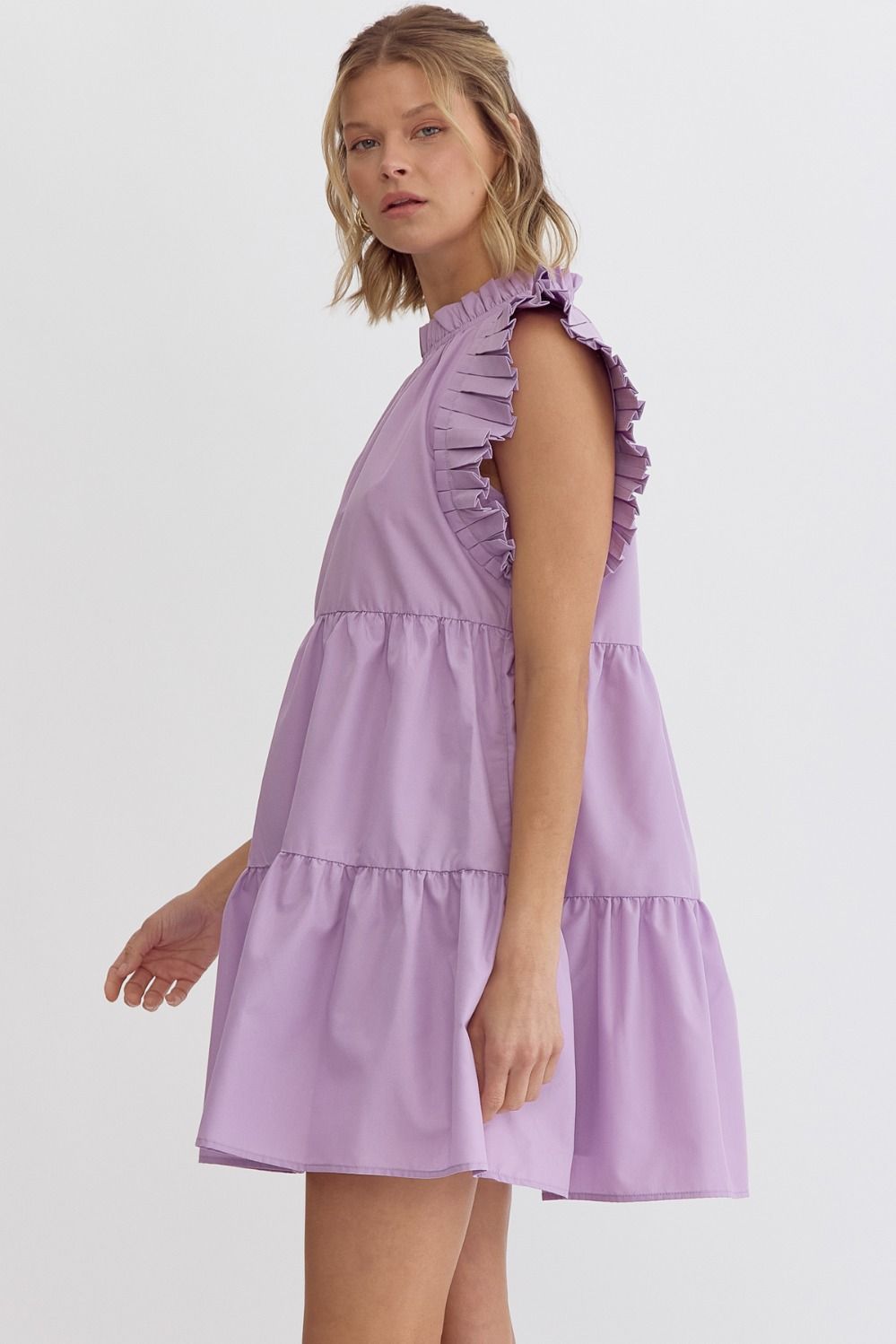 Lavender High Neck Pleated Sleeve MIni Dress