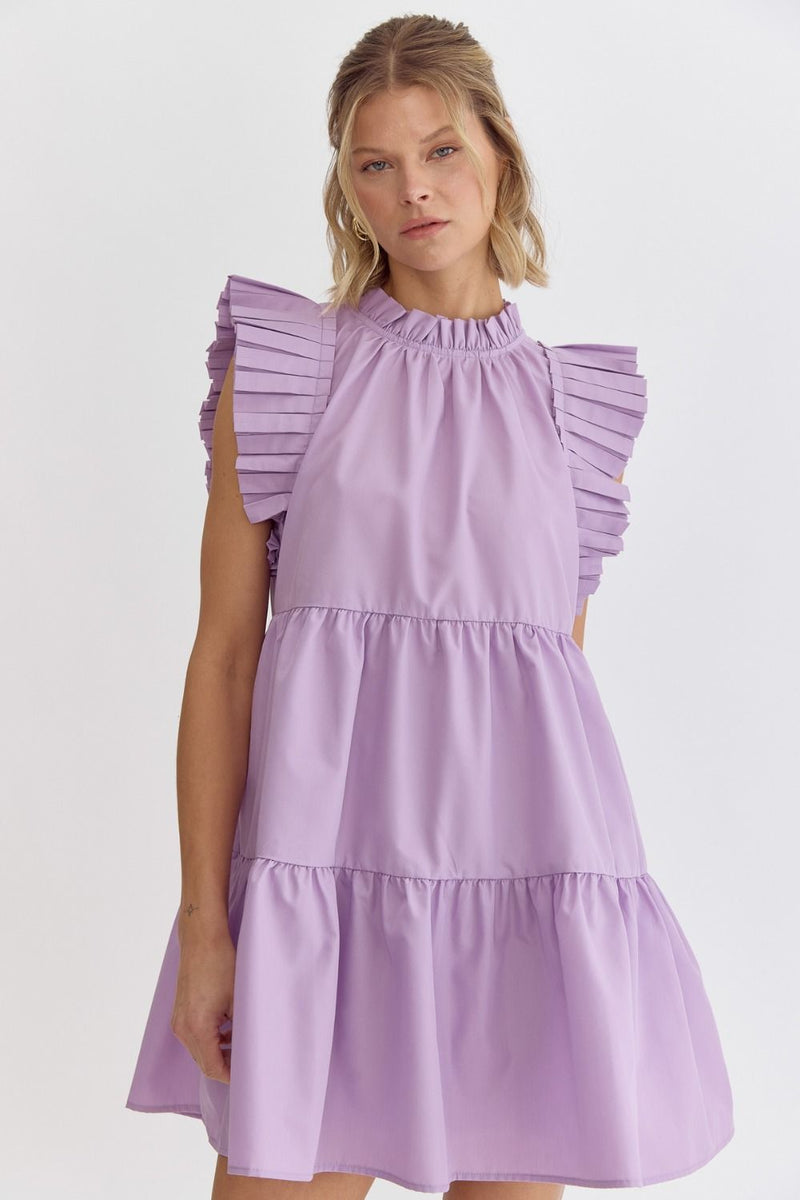 Lavender High Neck Pleated Sleeve MIni Dress