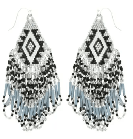 Native American Beaded Tassel Long Drop Earrings - Silver