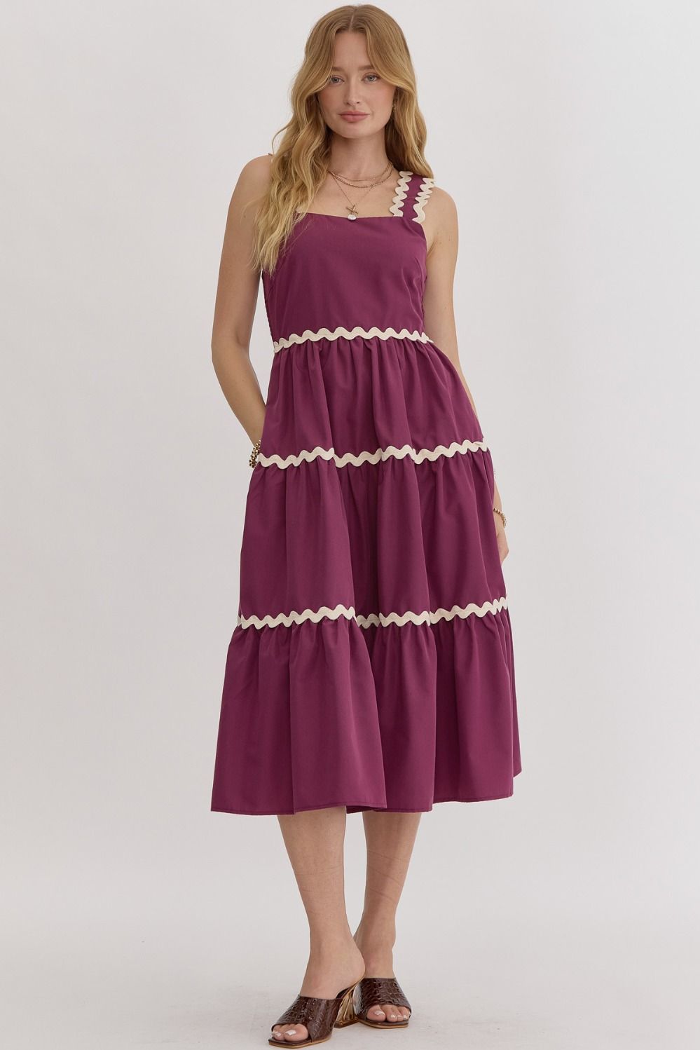 Plum Ric Rac Sleeveless Dress with Pockets Front