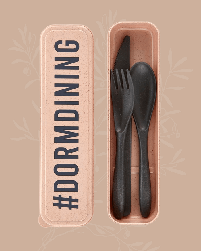 Eco-friendly reusable cutlery set with fork, knife, spoon, and carrying case. Perfect for dorms, picnics, and sustainable dining.