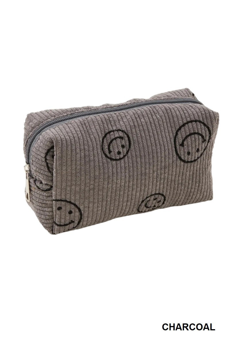 SMILEY FACE CORDUROY COSMETIC POUCH BAG