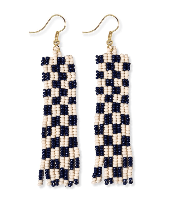 Harriet Woven Top Gingham Beaded Fringe Earrings- Navy