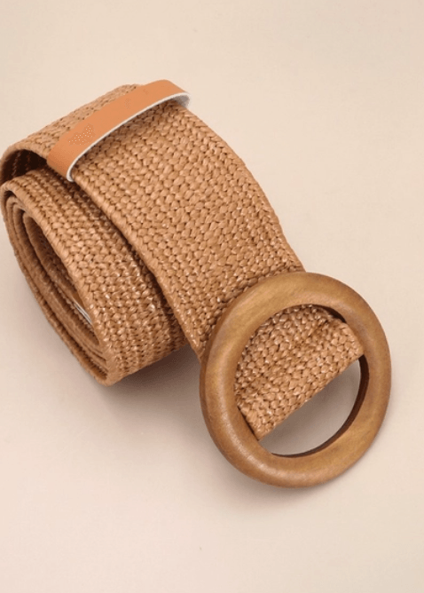 Wooden Buckle Woven Rattan Stretch Waist Belt