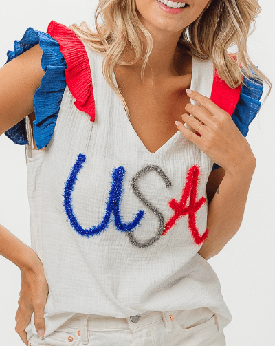 White USA Metallic Tinsel Color Block Ruffle Top