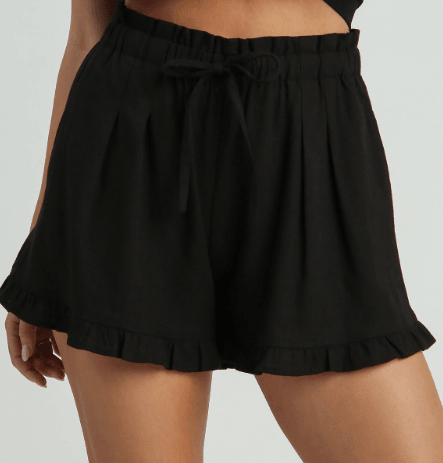 Black Linen Ruffled Hem Shorts