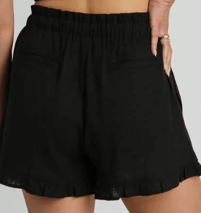 Black Linen Ruffled Hem Shorts