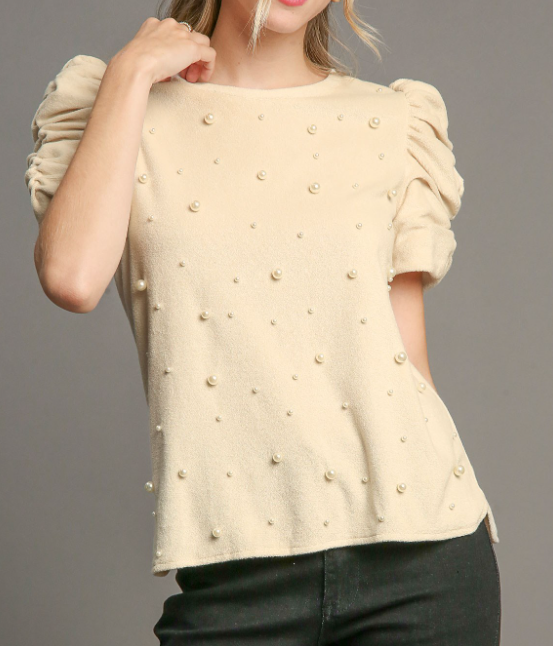 Ivory Pearl Round Neck Balloon Short Sleeve Top