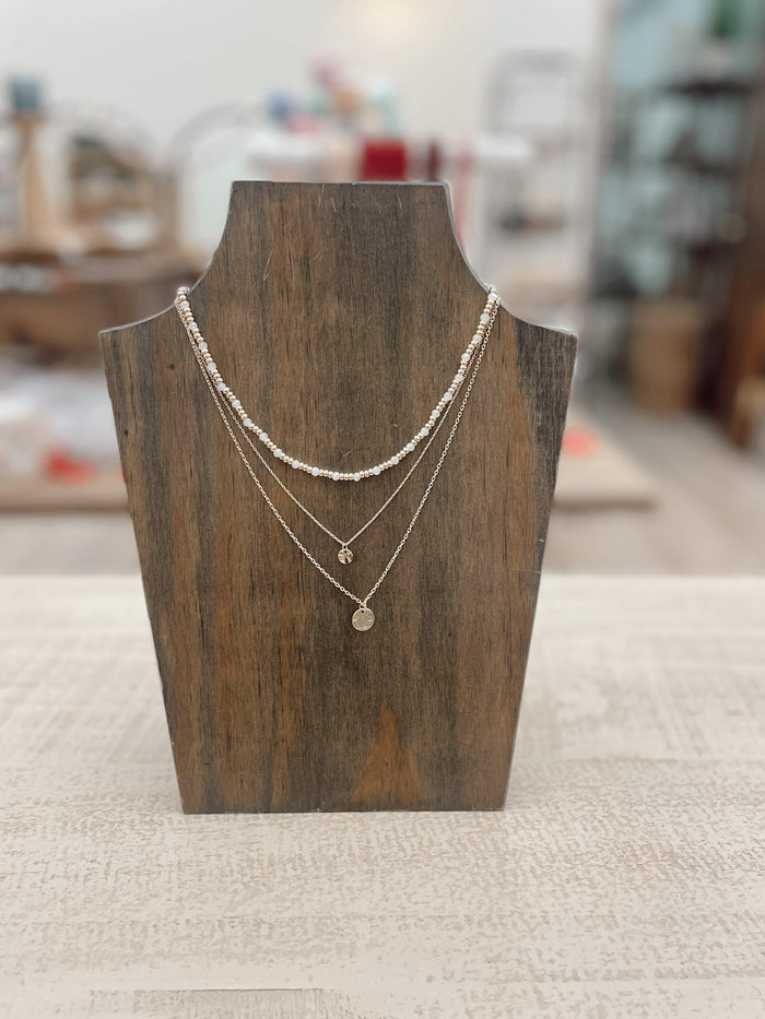 Triple Layered White Stone with Gold Coin Necklace - Front View